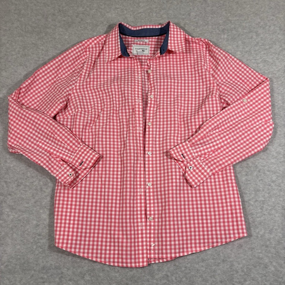 Charter‎ Club Pink Gingham Button Down Shirt Relaxed Fit Cotton Size 10 Roll Tab